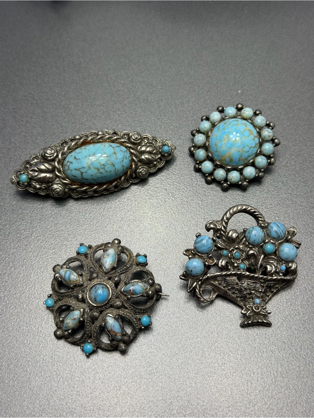 Vintage Robins Egg Stone Brooches lot of 4